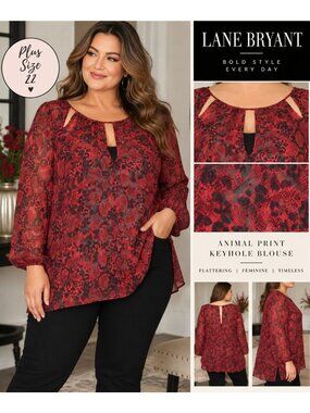 Lane Bryant Womens 22 Red Black Animal Print Blouse Keyhole Cutout Sheer Plus